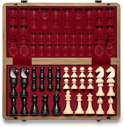 A&ampA Premium Folding Chess Board Game Set 15 Wooden Chess Board &amp 3 King Height Staunton Chess Pieces with 2 Extra Queens Portable Travel Chess Set (Natural Walnut 15 Inches)