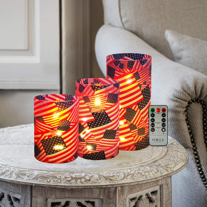 Patriotic Flickering Flameless Candles Stars and Stripes US Flag, Embedded Star String Lights, Battery Operated Acrylic LED Pillar Candles with 11-Key Remote and Timer for Home Decoration, 3 Pack