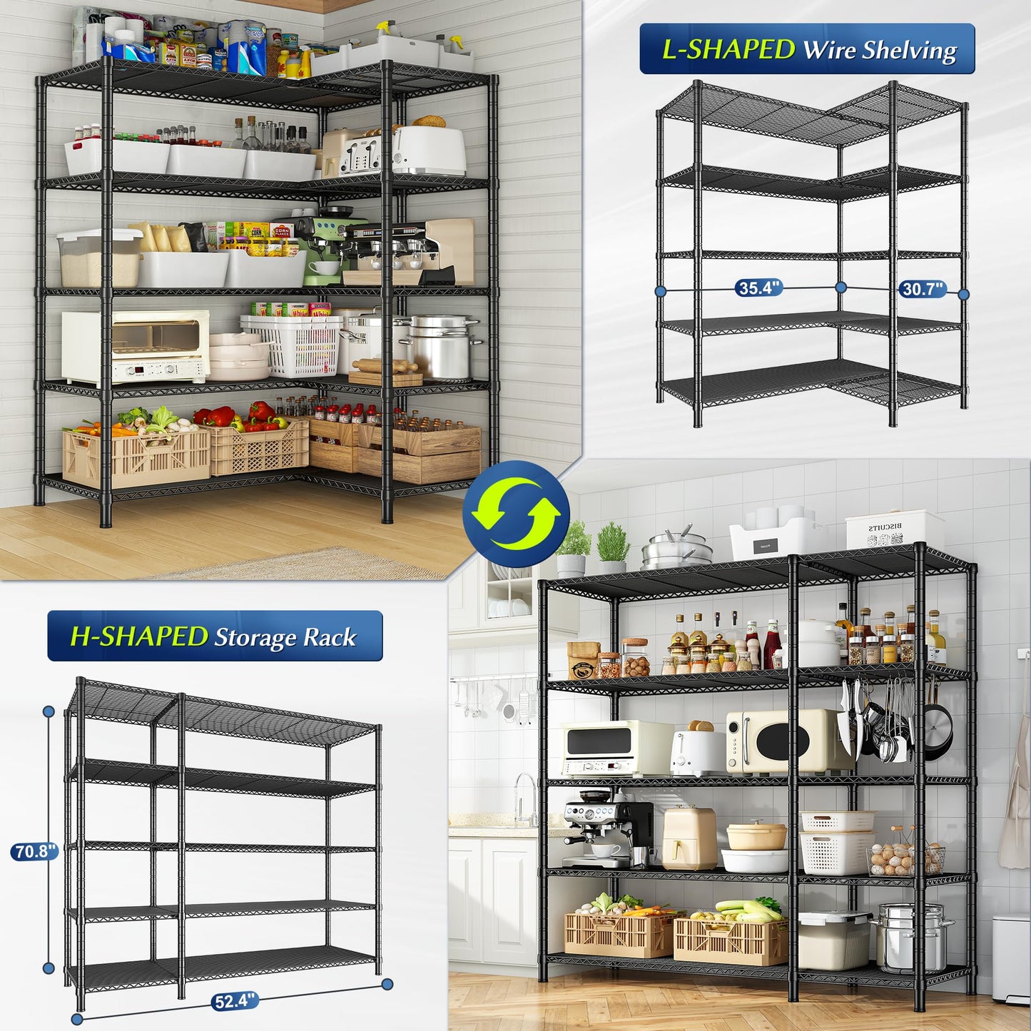 70.8"H Storage Shelves, 5-Tier Metal Shelving 1200 High-Load Heavy Duty Wire Shelving, Adjustable Metal Shelves-L Shaped Wire Shelving Units for Kitchen Garage Pantry Basement, 52.36"W x13.78"Dx70.8"H