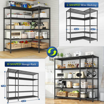 70.8"H Storage Shelves, 5-Tier Metal Shelving 1200 High-Load Heavy Duty Wire Shelving, Adjustable Metal Shelves-L Shaped Wire Shelving Units for Kitchen Garage Pantry Basement, 52.36"W x13.78"Dx70.8"H