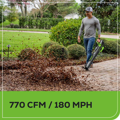 Greenworks 80V (770 CFM / 190 MPH) Brushless Cordless Leaf Blower (Turbo Button, Cruise Control, 28 CC Gas Equivalent), 4.0Ah Battery (320 Wh Max) + Rapid Charger