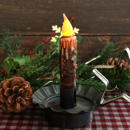 CVHOMEDECO. Real Wax Hand Dipped Battery Operated LED Timer Taper Candles Country Primitive Flameless Lights Décor, 4-3/4 Inch, Brown, 3 PCS in a Package