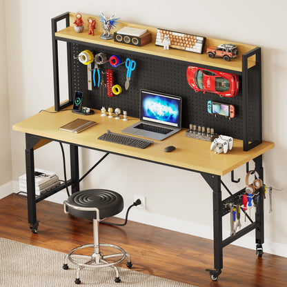 DWVO 60" Adjustable Workbench with Pegboard, Heavy Duty Wood Top Work Bench with Wheels, 1600 LBS Load Capacity, Rolling Work Table with AC/USB Outlet, Hooks, Rack for Garage, Workshop, Office, Home