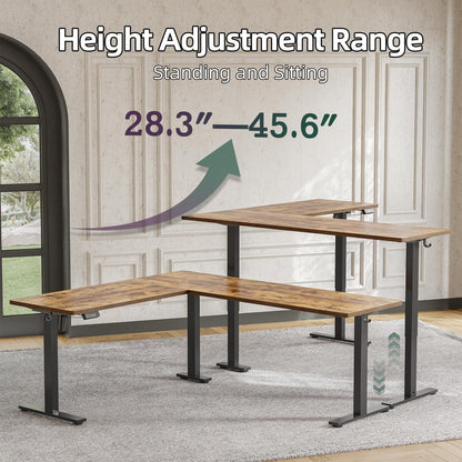 TIQLAB 75 x 61 inch L Shaped Standing Desk Adjustable Height, Electric Corner Standing Desk, Sit Stand Computer Table with Splice Board, Rustic Brown