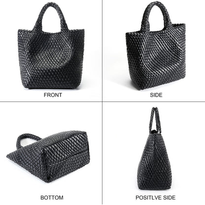 Queenoris Woven Bag for Women, Vegan Leather Tote Bag Large Summer Beach Travel Handbag and Purse Retro Handmade Shoulder Bag (Black)