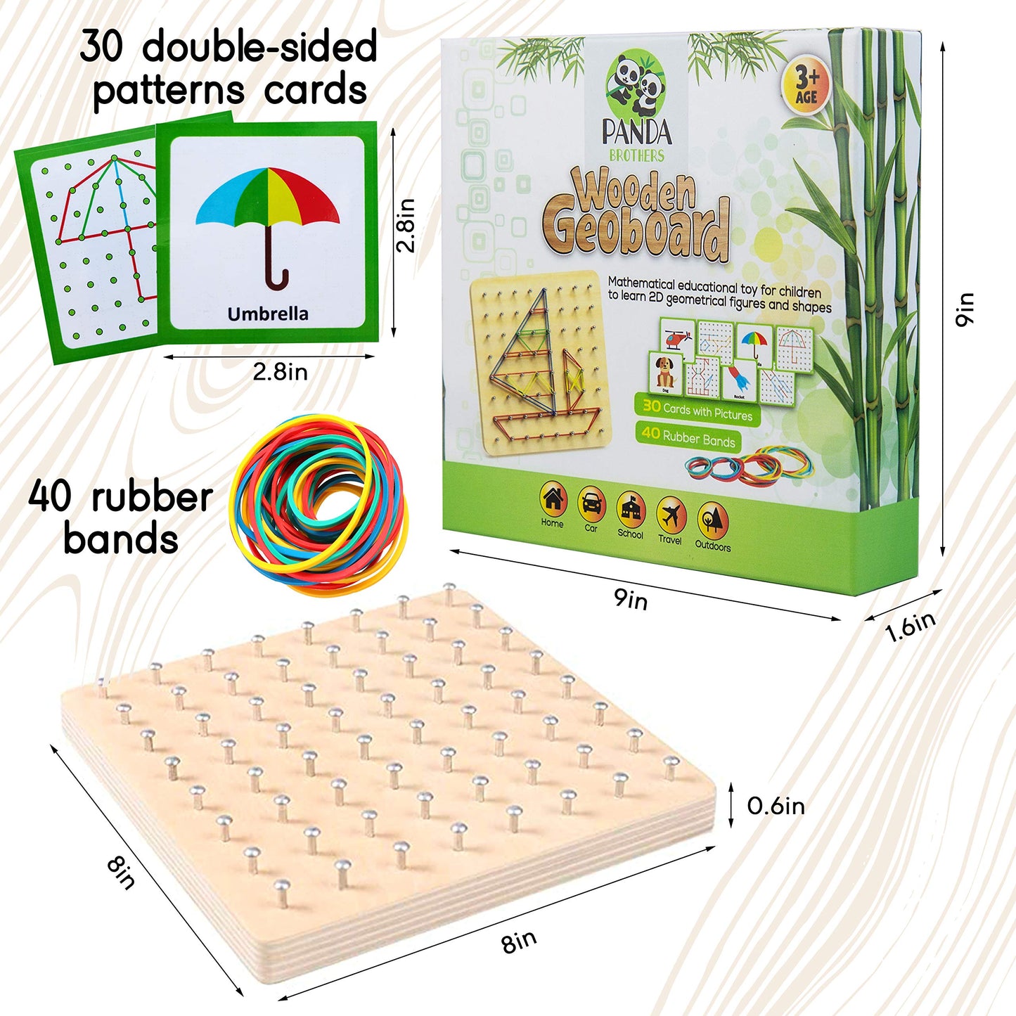 Panda Brothers Wooden Geoboard - Montessori Toys for 3 4 5 Year Old Kids and Toddlers, Educational Toy with 30 Pattern Cards and 40 Rubber Bands to Create Figures, Brain Teaser STEM Toy Geo Board