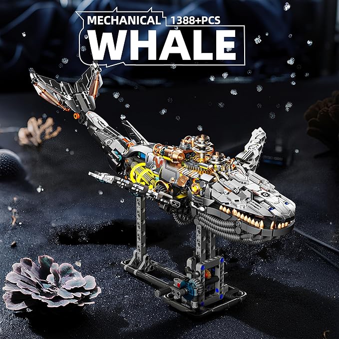 1388-PCS Mechanical Whale Building Blocks Set with LED Light Movable Linkage Gears Display Stand - Ocean Building Blocks for Adults Teens Kids Age 12+