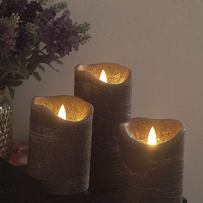 Battery Operated Flameless Candles with Remote Timer Real Wax Realistic Bright Flicker Flickering Electric Electronic LED Pillar Lights Home Wedding Party Decorations Set of 3 Rustic Texture Gray Grey