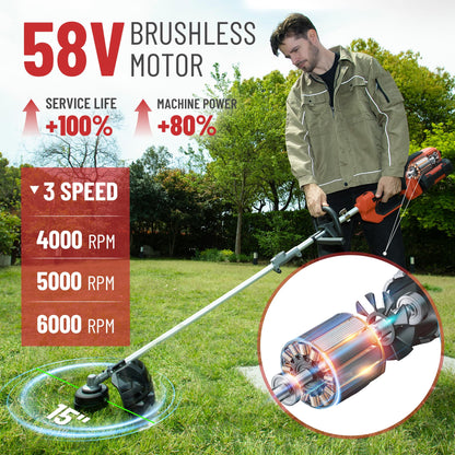DCK 58V Multi-Head String Trimmer Cordless, 15" Brushless Weed Wacker with Rapid Reload and Auto Feed, 3-Speed Multi-Head Lawn Edger, Electric Weed Eater for Grass, 4.0Ah Battery and Charger