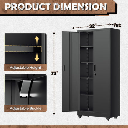 INTERGREAT73 Garage Storage Cabinet with Wheels, Rolling Metal Storage Cabinet with Locking Doors and 4 Adjustable Shelves,- 73" Steel Tool Cabinet for Home Office,Garage,Warehouse，Black