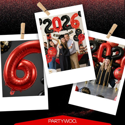 PartyWoo Graduation Balloons Class of 2026 Black Red Gold 12pcs Balloons 40 Inch 2026 Foil Number Balloons 18 Inch Congrats Grad Mylar Balloons for Black Red Graduation Decorations Party Supplies