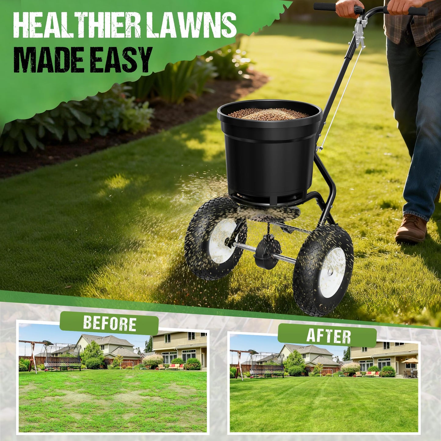 PPOLB Broadcast Spreader for Lawns, 50LB Fertilizer Spreader with 30-Level Flow Control, Walk Behind Lawn Seed & Salt Spreader, 0–10FT Coverage, Hopper Screen, Rain Cover, 12" Pneumatic Wheels
