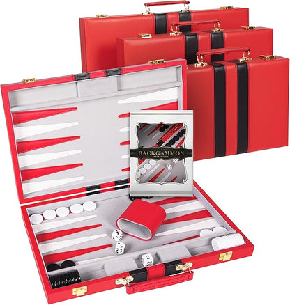 Premium Backgammon 15 Inches Medium Red - Backgammon Sets for Adults and Kids - Leatherette Back Gammon Board Game Set - Travel Backgammon Set Board Encased with Accessories