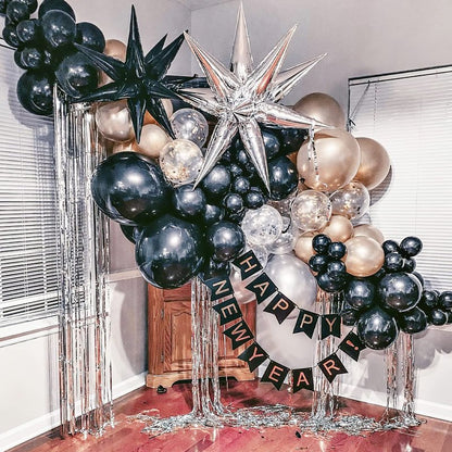 PartyWoo Black Star Foil Balloons 6pcs Different Sizes Pack of 27 22 Inch Large Black Explosion Spike Mylar Balloons for Graduation Birthday Retirement Anniversary Space Theme Party Decorations