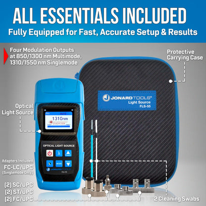 Jonard Tools FLS-55 Multi-Mode & Single-Mode Fiber Optic Light Source with FC/LC/SC (PC/UPC) Adapters (2025 Model)