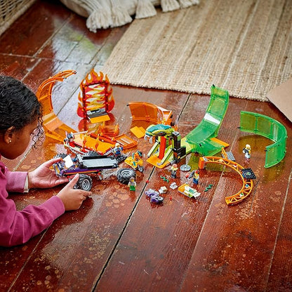 LEGO City Stuntz Double Loop Stunt Arena 60339 Monster Truck Playset with 2 Toy Motorcycles Ramp Wall of Flames Ring of Fire Snapping Snake Loop and 7 Minifigures for Kids Ages 7 Plus