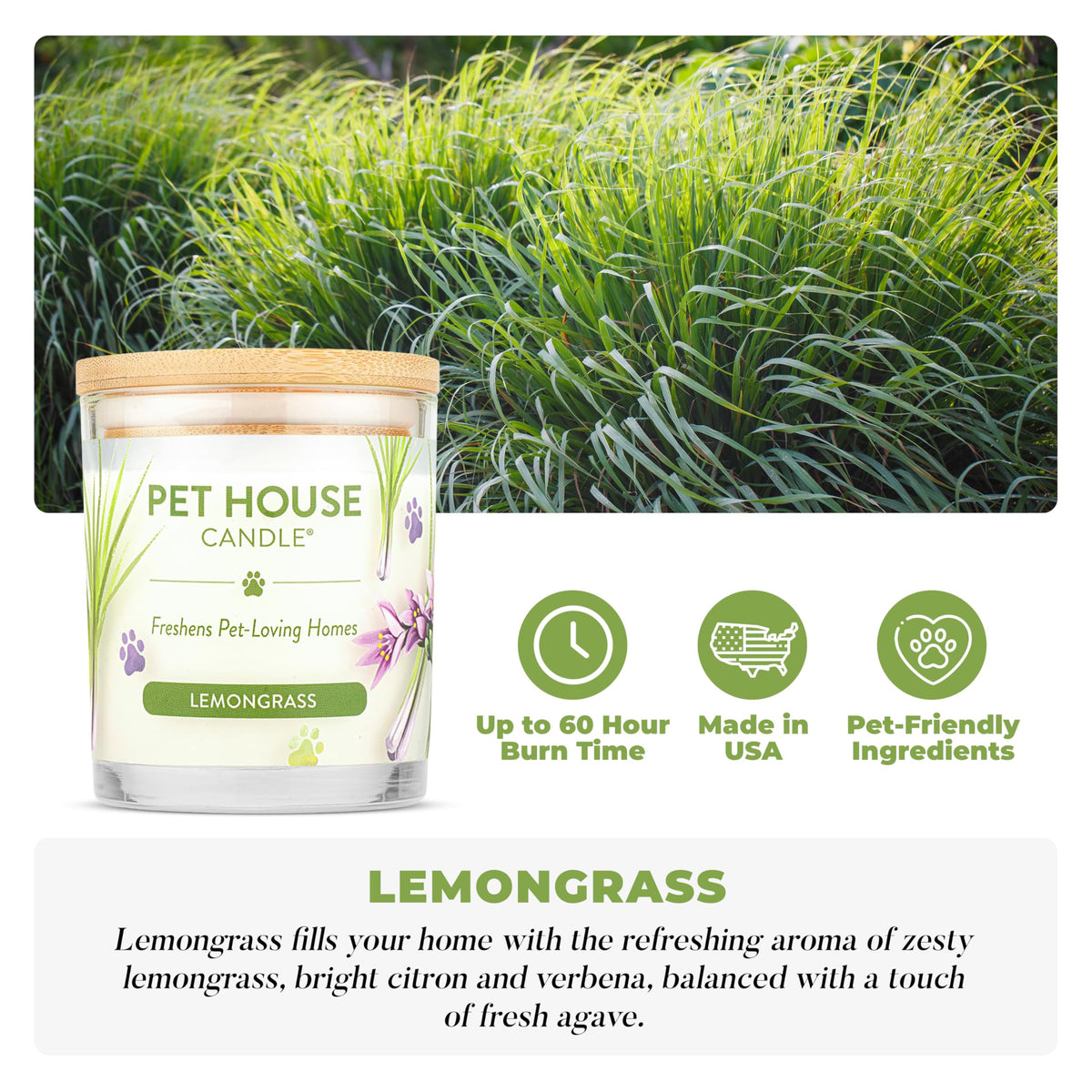 Pet House Candles, Long Burning Scented Candles for Pet Odors, Plant-Based, 60 Hour Burn Time - Lemongrass, 9 oz