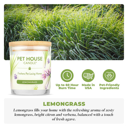 Pet House Candles, Long Burning Scented Candles for Pet Odors, Plant-Based, 60 Hour Burn Time - Lemongrass, 9 oz