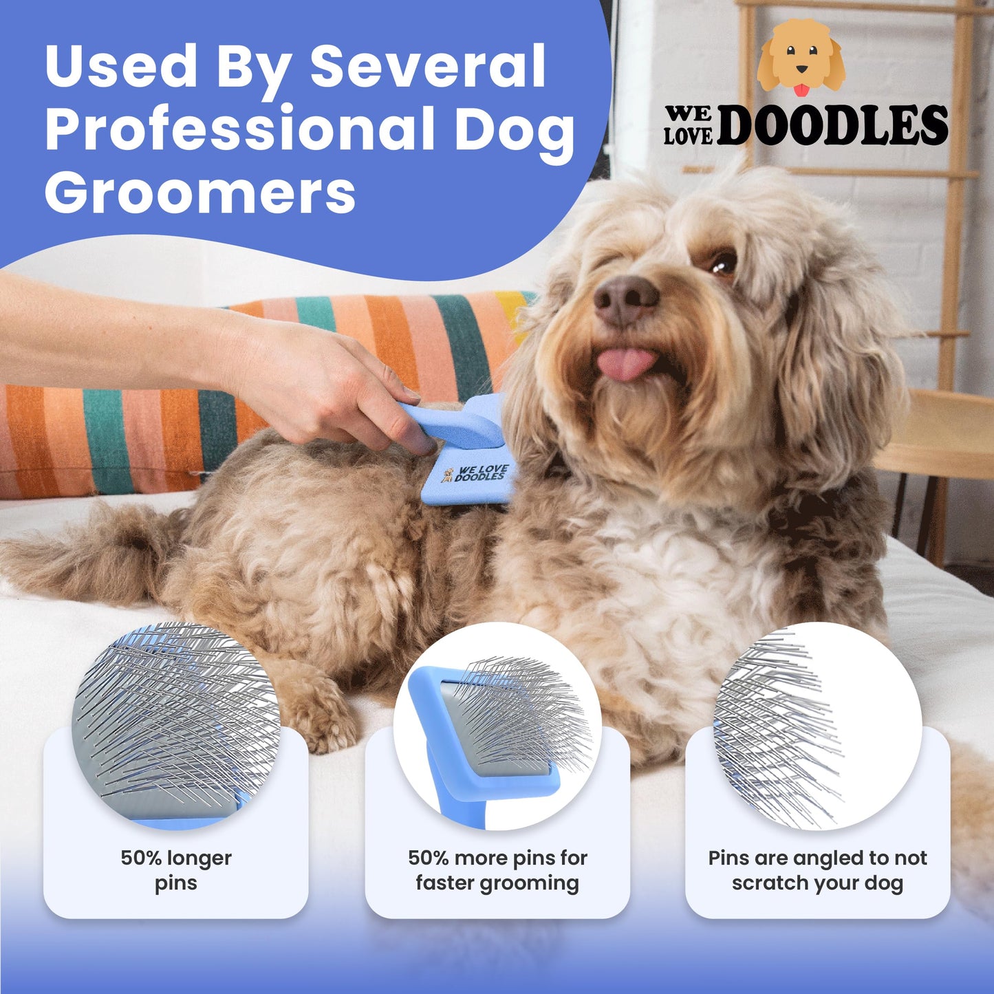 Slicker Brush for Dogs, Dog Grooming Supplies - Best Doodle & Poodle Brush for Long Haired Dogs - Goldendoodle Long Pin Detangler For Dematting (Large Curved)