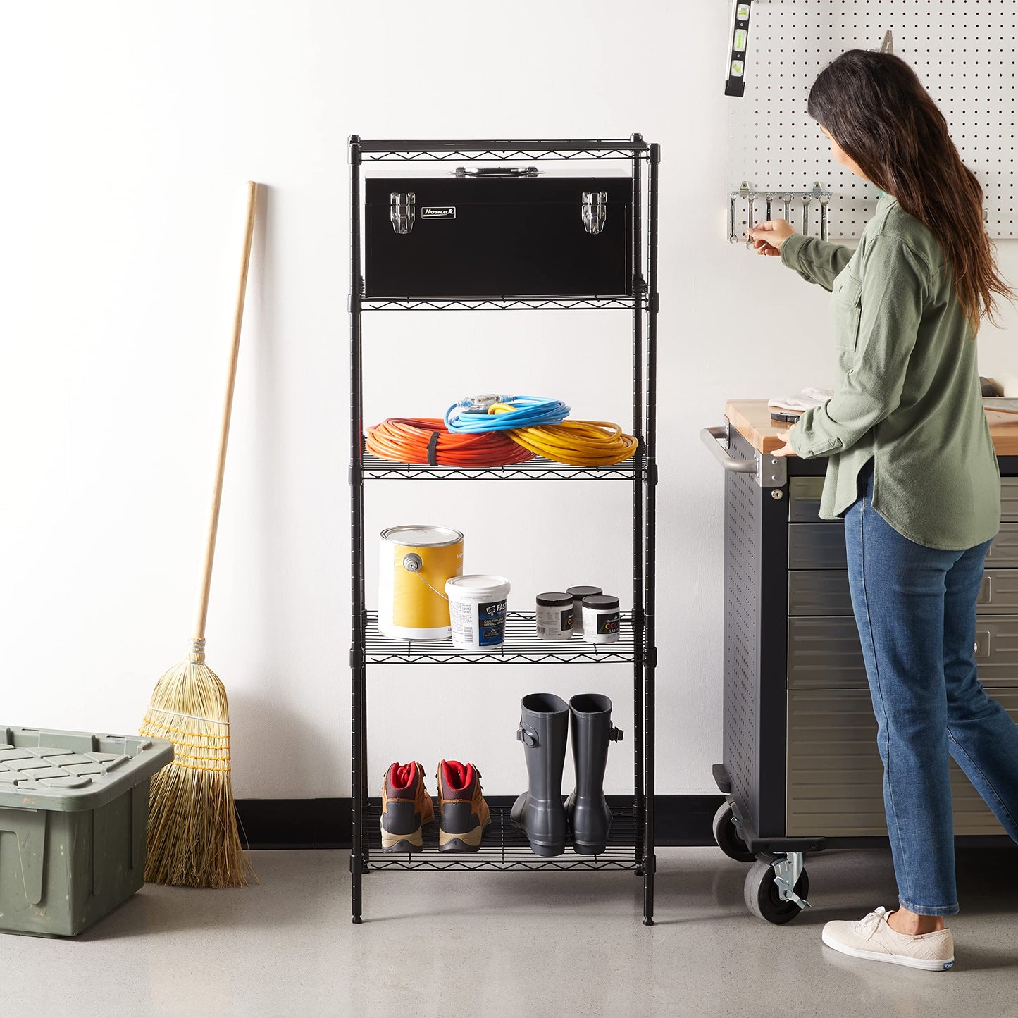 Amazon Basics 3-Shelf Adjustable Heavy Duty Steel Wire Rack Storage Shelving Organizer for Kitchen, Garage, 23.2" L x 13.4" W x 30" H, Black