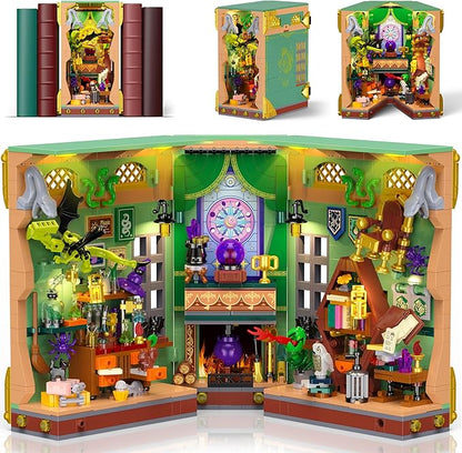 OKKIDY Magic Potion Book Nook Building Set with Light DIY Booknook Building Block kit for Home Decor Bookshelf 1033 PCS Miniature Bookend House Building Brick Toy Gift for Adult Kids Boy Girl Age 8+