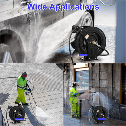 JOEJET Auto-Retractable Pressure Washer Hose Reel, 50FT x 3/8" Heavy Duty Steel Power Washer Hose Reel Dual Arm, 4000 PSI