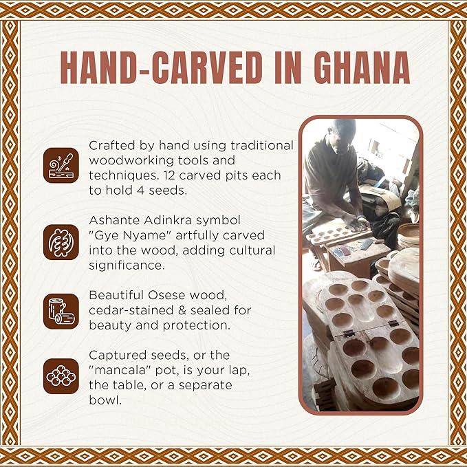 Africa Heartwood Project African Oware Mancala Board - Wooden Folding Mancala Square Shape Hand-Carved Solid Wood with Elephant Design 48 Seeds and Instructions Included