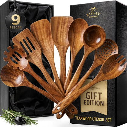 Zulay Kitchen 9-Piece Teak Wooden Utensil Set - Natural Non-Stick Cooking Tools in Premium Gift Box