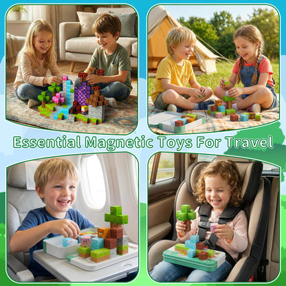 Petenjoy Mini Magnetic Blocks Travel Set with Iron Case - 60 PCS Magnet Building Cubes Travel Toys for Kids 4-8 Toddler Airplane Essentials, Stem Toys Gift for Boys and Girls