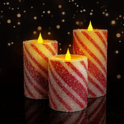 Christmas Flameless Pillar Candles Decor - 3PCS Candy Cane Stripe Real Wax Red and White LED Candles with Battery Operated for Home Christmas, New Year, Winter Wedding Party Decoration or Gift