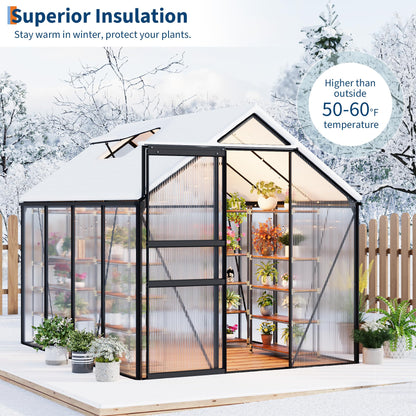 6x8FT Greenhouse for Outdoors, Walk-in Polycarbonate Greenhouse with Sliding Door, Adjustable Roof Vent & Gutter System, Portable Outdoor Green House Kit for Winter Gardening