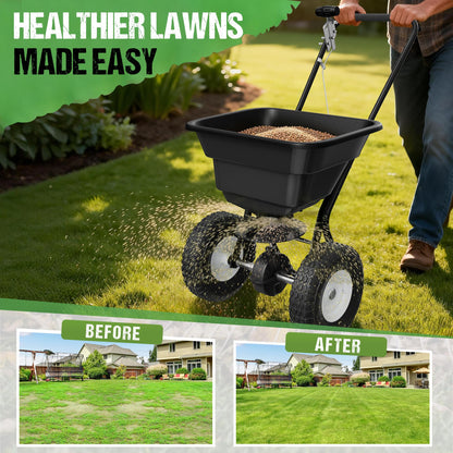 PPOLB Broadcast Spreader for Lawns, 80LB Fertilizer Spreader with 25-Level Flow Control, Walk Behind Lawn Seed & Salt Spreader, 0–10FT Coverage, Hopper Screen, Rain Cover, 12" Pneumatic Wheels