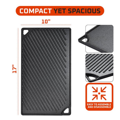Bruntmor 2-in-1 Reversible Grill Plate - Pre-Seasoned Cast Iron Griddle Pan for Gas Stovetop, Oven, or Open Fire - 17x10-Inch Rectangular Double Sided Flat Pan for Camping, Roasting, and Grilling