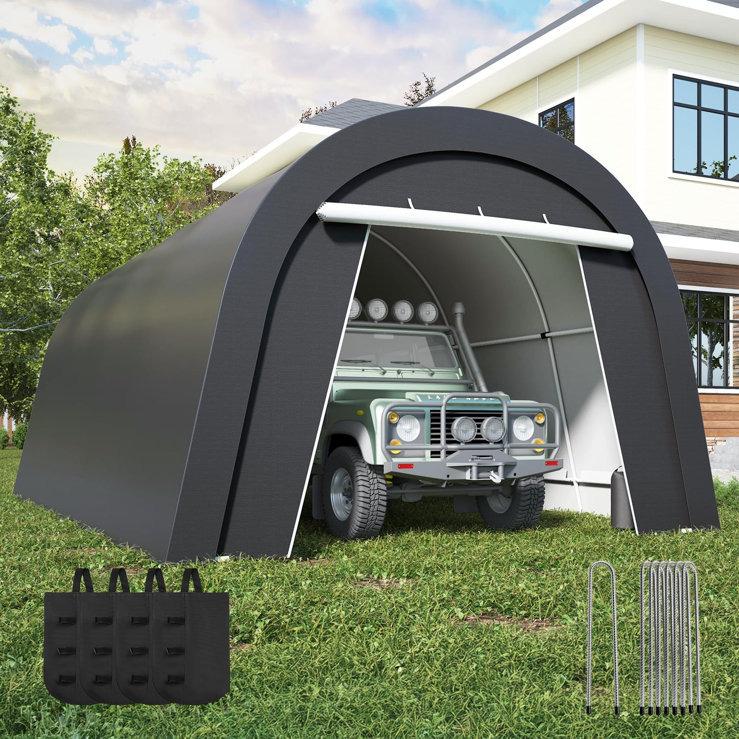 FansaFurn Heavy Duty Carport with 4 Cloth Bags, All-Weather Car Canopy with 2 Roll-up Doors, Portable Garage Storage Shelter Shed for Cars, Truck, or Garden Tools, 13' x 20'