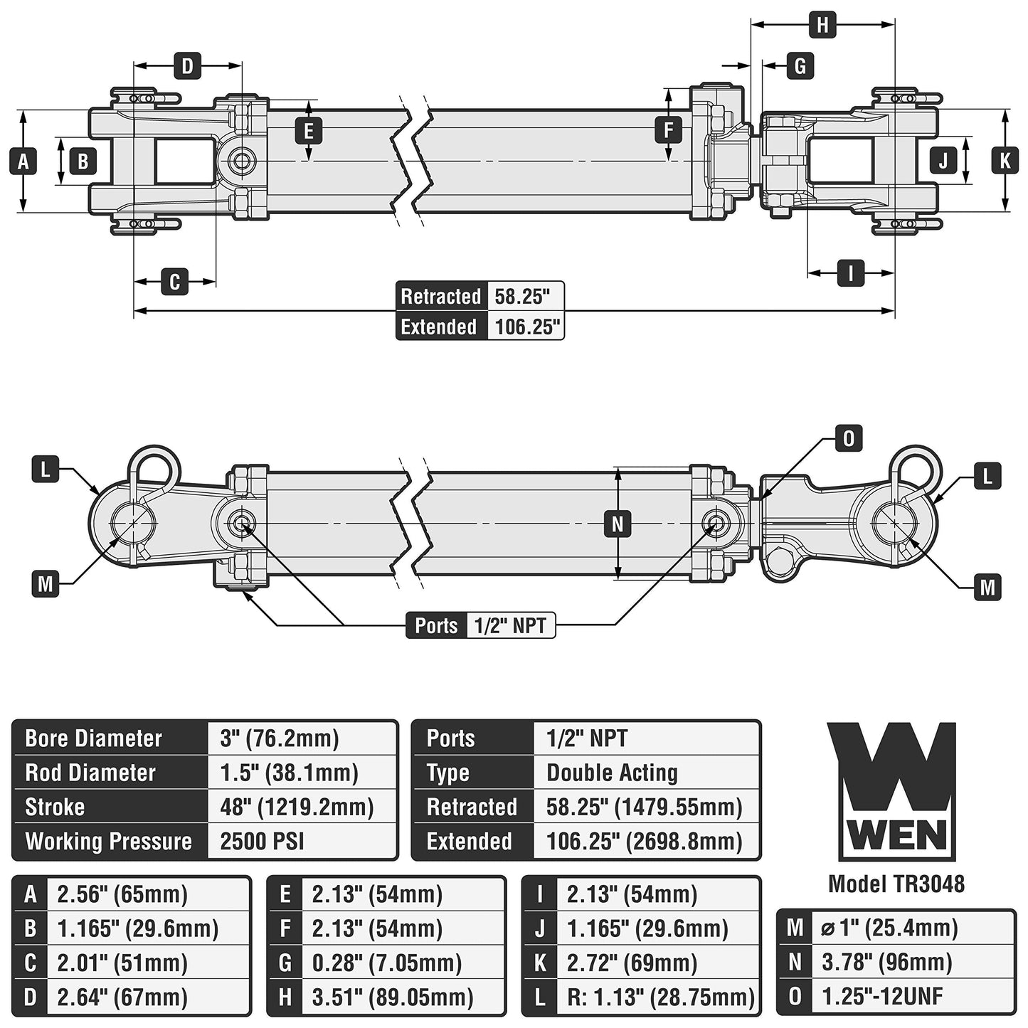 WEN TR3048 2500 PSI Tie Rod Hydraulic Cylinder with 3 in. Bore and 48 in. Stroke , Black
