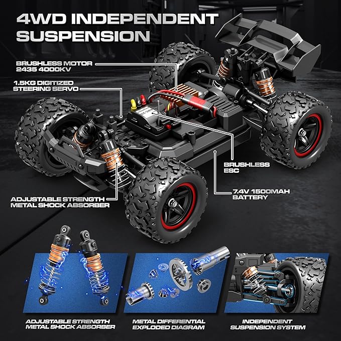 1:18 Brushless RC Cars for Adults &amp Boys (18426) 50+KPH High Speed Fast 4WD Off-Road RC Truck 4X4 RC Car Waterproof Remote Control Car with 2 Rechargeable Batteries
