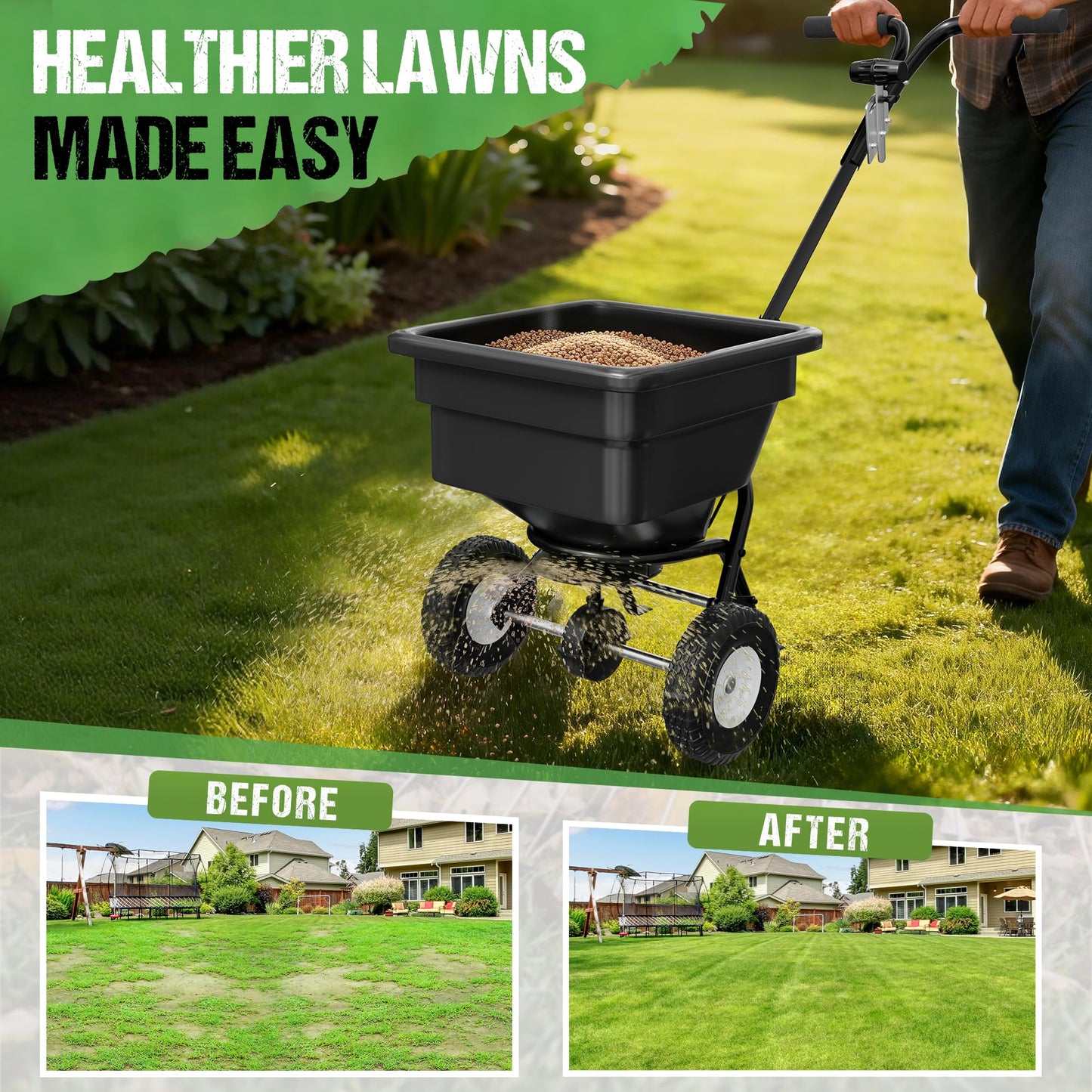 PPOLB Broadcast Spreader for Lawns, 100LB Fertilizer Spreader with 30-Level Flow Control, Walk Behind Lawn Seed & Salt Spreader, 0–10FT Coverage, Hopper Screen, Rain Cover, 12" Pneumatic Wheels