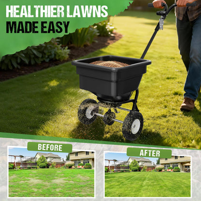 PPOLB Broadcast Spreader for Lawns, 100LB Fertilizer Spreader with 30-Level Flow Control, Walk Behind Lawn Seed & Salt Spreader, 0–10FT Coverage, Hopper Screen, Rain Cover, 12" Pneumatic Wheels