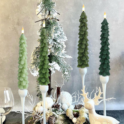 FCMSHAMD Gradient Green Christmas Trees Flickering Flameless Candles with Remote and Timer, Real Wax 3D Flame Wick LED Candles, 9.8 Inch Battery Operated Candles for Christmas Home Decoration，4PCS