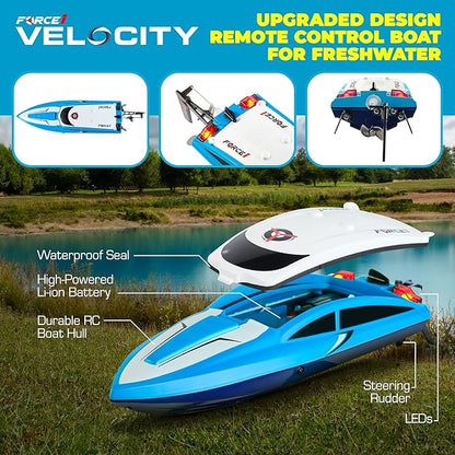 Force1 Velocity Blue Fast RC Boat- Remote Control Boats for Adults and Kids Underwater Speed Racing Mini RC Boats for Pools and Lakes 2.4GHZ Transmitter 2 Rechargeable Batteries Low Battery Alert