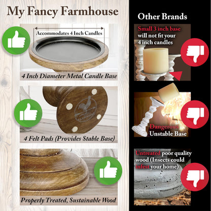 My Fancy Farmhouse Large Wood Candle Holders (Set of 3) - Tall Rustic Pillar Candlestick Stands - Fits 4 inch & 3 inch Pillar Candles - Modern Farmhouse Decor (Walnut Brown)