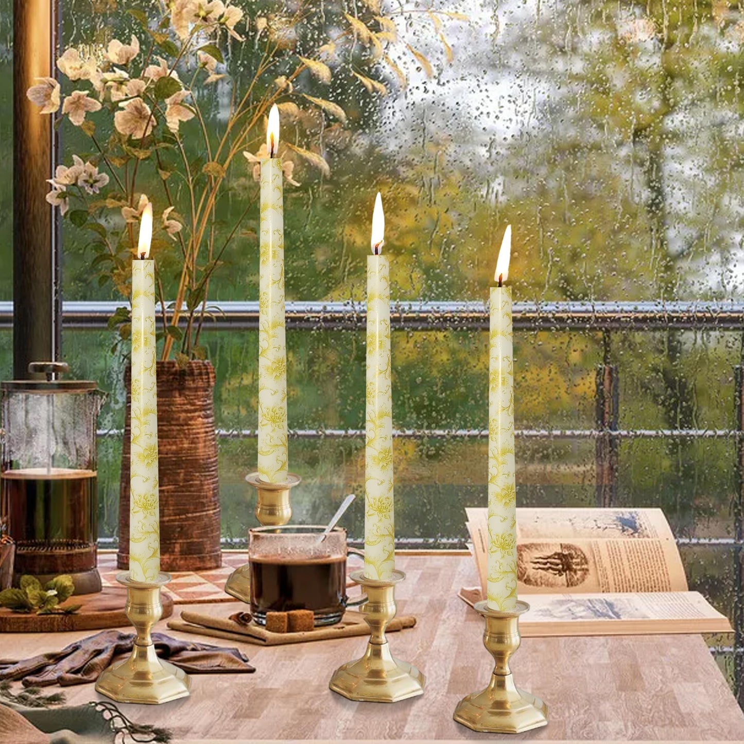 10 Inch Taper Candles Print Candle Sticks Handmade Set of 2 Smokeless Long Candle Unscented Tapered Candles for Wedding Easter Decoration(Chrysanthemum)