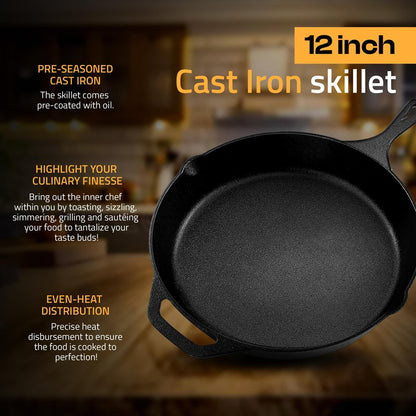 Utopia Kitchen Premium Cast Iron Skillets 12 Inch, Chef's Pan, Pre-Seasoned Frying Pan, Stovetop, Oven, Campfire and Grill Large Skillet, Even Heat Distribution Multipurpose Cast Iron Pan - Black