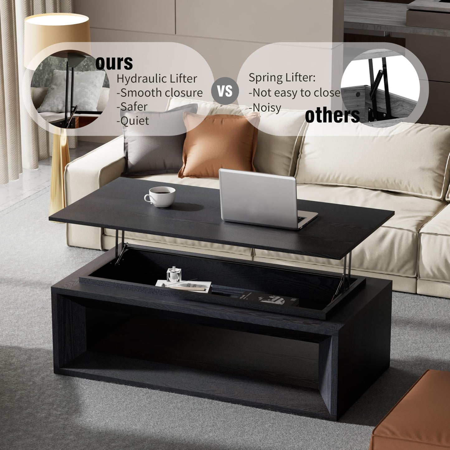 KEIKI 43.3" Lift-Top Coffee Table with Hydraulic Storage, Converts to Desk or Dining Table, Hidden Compartment, Open Shelf, Multifunctional Small Coffee Table for Living Room, Office, Black