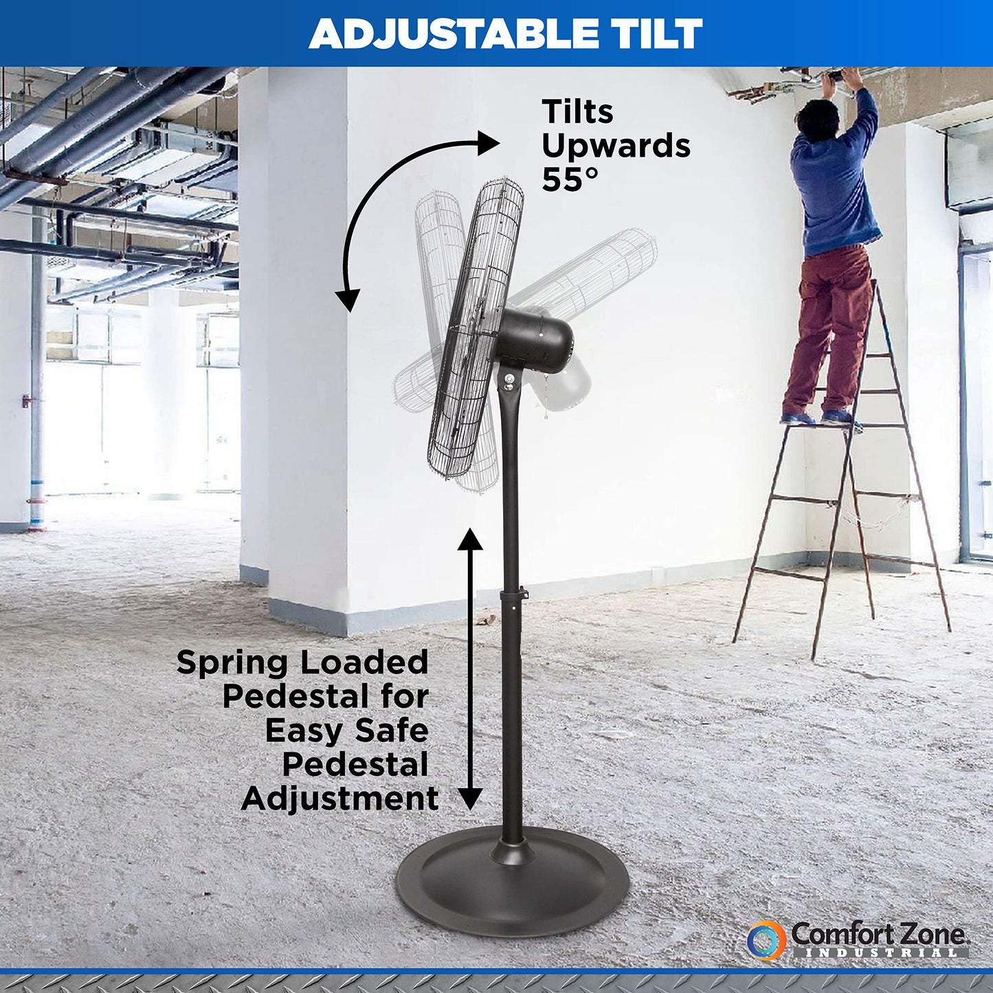 Comfort Zone Industrial Pedestal Fan, 30 inch, 3 Speed, High Velocity, Adjustable Height 56” to 76”, Metal, Meets OSHA Standards, Airflow 36 ft/sec, Ideal for Garage, Workshop or Warehouse, CZHVP30