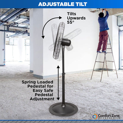 Comfort Zone Industrial Pedestal Fan, 30 inch, 3 Speed, High Velocity, Adjustable Height 56” to 76”, Metal, Meets OSHA Standards, Airflow 36 ft/sec, Ideal for Garage, Workshop or Warehouse, CZHVP30