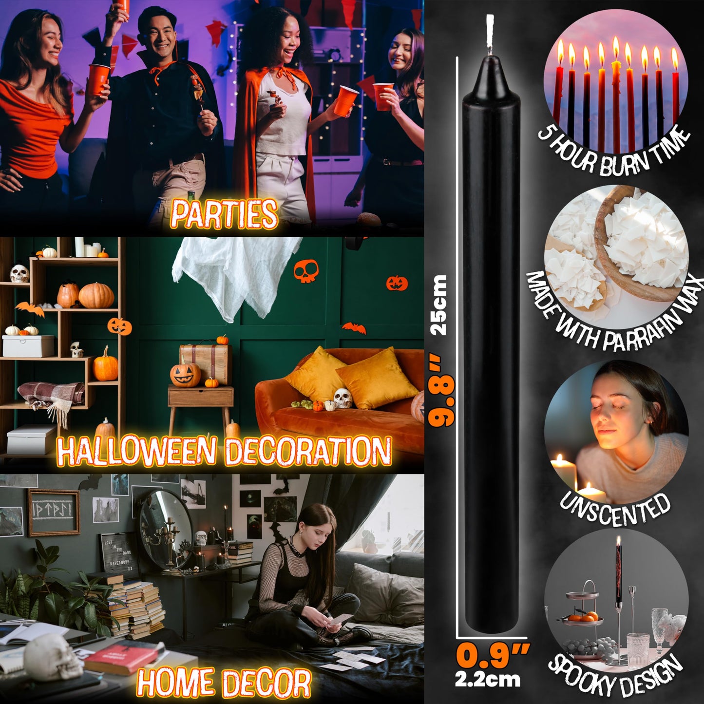 Deco Express Taper Candles Blood Drip Effect 8 Pack Halloween Decor 5 Hr Burn Gothic Table Centerpiece Black Party Candles Goth Gifts (Black Drip)