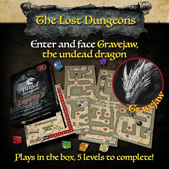 Bag of Dungeon Legends 2: Relics - Paths of the Ancients | 4-in-1 Adventure Pack Expansion for Any Game | Includes Solo Game | RPG Fans | 1–4 Players Ages 7+ | Classic Dungeon Crawler