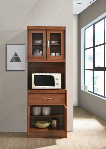 Hodedah Long Standing Kitchen Cabinet with Top & Bottom Enclosed Cabinet Space, One Drawer, Large Open Space for Microwave, Cherry