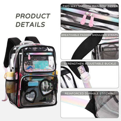 KIDNUO Clear Backpack for Girls,Clear Bookbag Heavy Duty Transparent Backpacks for Stadium Events, See Through Back Pack for Kindergarten Elementary Middle High School (Black)